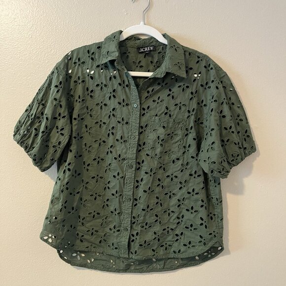 J Crew Eyelet Top Blouse Green 10 Boho Floral Preppy Puff Sleeve Button Up Boho - Picture 1 of 7